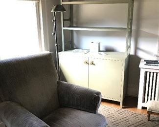 Made Goods NYC linen covered and hand painted etagere (1 of 2). Pottery Barn floor lamp.