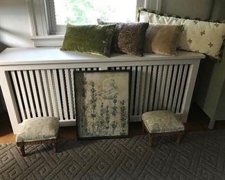 Magnificent pillows. Micro stools with walnut bases. Notre Monde painted tray.