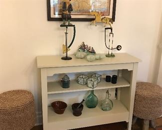 Crate and Barrel bookcase. Pair of woven sisal stools.