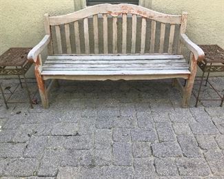 Teak bench. Iron side tables.