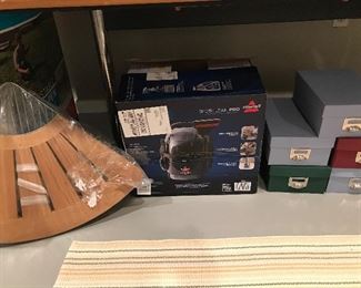 NIP Frontgate teak corner shower bench. Bissell spot cleaner.