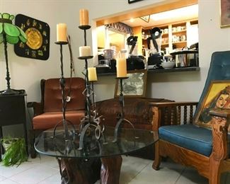 Tree stump table
Vintage candle sticks
Western