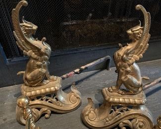 Vintage antique French brass griffon andirons