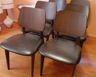 six mid century dark wood and vinyl dining chairs (there is a dining table to match, photo will be added soon)