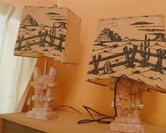 mid century ceramic dresser lamps with landscape fiberglass shades