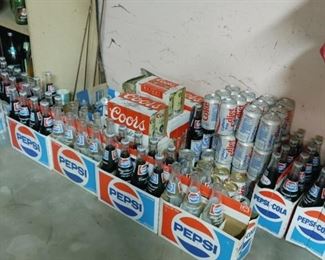 vintage coke, pepsi, and coors bottles and cans