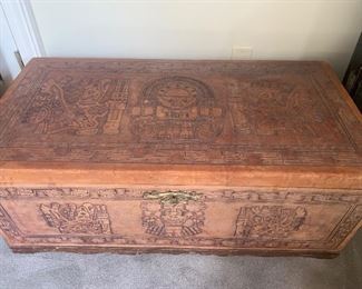 Leather trunk, stamped with Aztec motif 