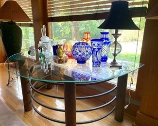 glass top metal base demilune table. 71" wide 44" deep