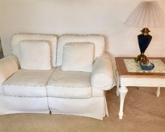 Thomasville love seat, side tables, lamps, etc.