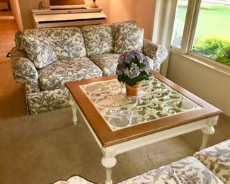 Thomasville sofa (blue & white cottage theme upholstery), coffee table