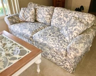 Thomasville sofa (blue & white cottage theme upholstery), coffee table