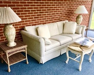 Thomasville furniture  including sofa, wood coffee table w/ woven top, 2  wicker side tables are from Pier 1, decorative table lamps