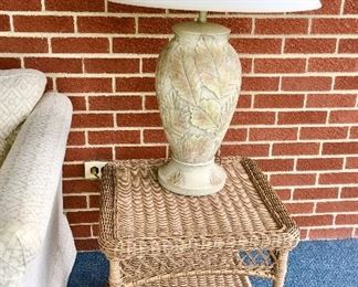 Wicker side table from Pier 1 (1 of 2) and leaf design table lamp (1 of 2)