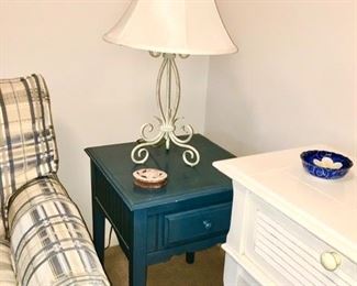 Painted blue side table, wrought iron lamp
