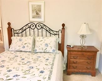 Thomasville queen size bed and nightstand, wrought iron lamp