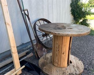 wood spool, metal wheel