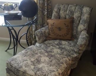 Super nice chair and ottoman, glass top table, lamp and deco