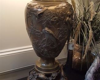 Very Large Ornate Carved Bronze Lamp