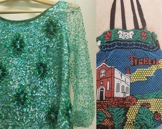 vintage blouse, beaded purse