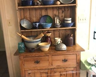 Very old primitive English hutch filled with vintage and antique pottery