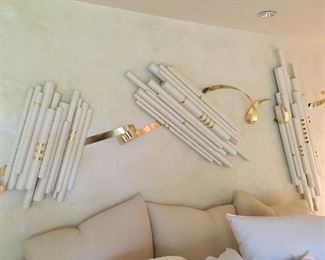3 piece Stacked, Dimensional Rods, Ivory with Scharazade, Brass accents and brass 'ribbon'