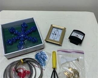 Assorted craft items, clocks and other