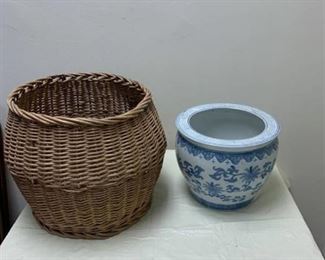 Large basket and blue pot