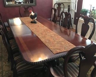 long dining room chairs, 9 chairs, one leaf and pads