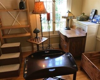dog stairs (substantial), bookcase, checker table, commode, coffee table, cedar chest, many lamps, large bell