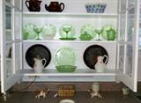 Vintage green apple blossom depression glass, tole painted trays, redware pitchers and pots, antique creamers, Appalachian hand made baskets
