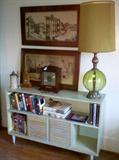Mid-century modern credenza, 2 vintage framed prints, German stein, Howard Miller clock, Mid-Century lamp from Ashland farm.