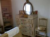 Hand-painted dresser and chair, hat boxes from Ashland Farm, oval mirror