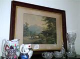Wedgwood luster pitchers, ABP cut glass vase and creamer / sugar, cut glass bells, nicely framed vintage landscape print.