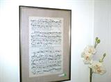 Framed antique musical score manuscript