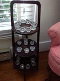 Edwardian mahogany inlaid muffin stand from Ashland Farm with cut glass open salt dishes.