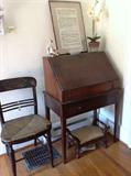 American Stenciled antique rush seat chair, antique slant front writing desk on stand, Edwardian foot stool...all from Ashland Farm,  framed musical score manuscript.