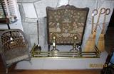 Vintage wicker child's rocker, Edwardian needlepoint fire screen (Ashland Farm), fine antique cannon ball andirons (Ashland Farm), brass fire fender, hearth brooms.