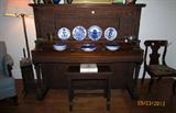 Tiger oak upright piano, Royal Coppenhagen Christmas and decorative plates, Classical side chair with needlepoint seat.