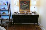 1940's sideboard, oil painting of geraniums, pair of buffet lamps