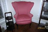 Mahogany inlaid muffin stand, fan-back wing chair with down cushion