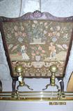 Edwardian needlepoint fire screen, fine antique cannon ball andirons, brass fire fender from Ashland Farm.