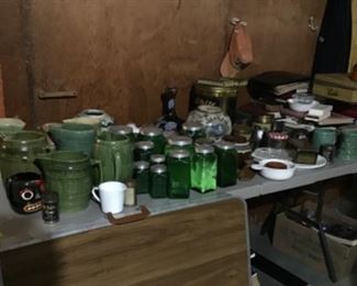 Green Stoneware Pitchers and Mugs, Hoosier Jars