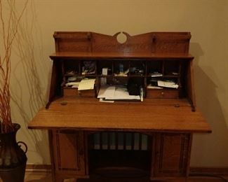 ANTIQUE WRITING DESK WITH CUBBIES & DOOR STORAGE