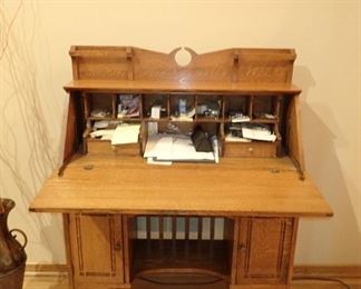 ANTIQUE WRITING DESK WITH CUBBIES & DOOR STORAGE