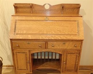 ANTIQUE WRITING DESK WITH CUBBIES & DOOR STORAGE