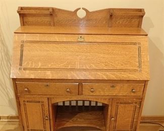 ANTIQUE WRITING DESK WITH CUBBIES & DOOR STORAGE