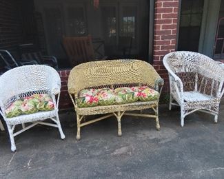 WICKER BENCH & 2 CHAIRS