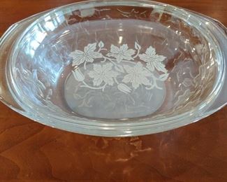 Flower Etched covered glass casserole dish