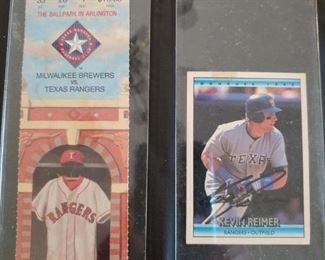 The Ballpark at Arlington Opening Day 1994 Ticket stub and Kevin Reimer Baseball Card