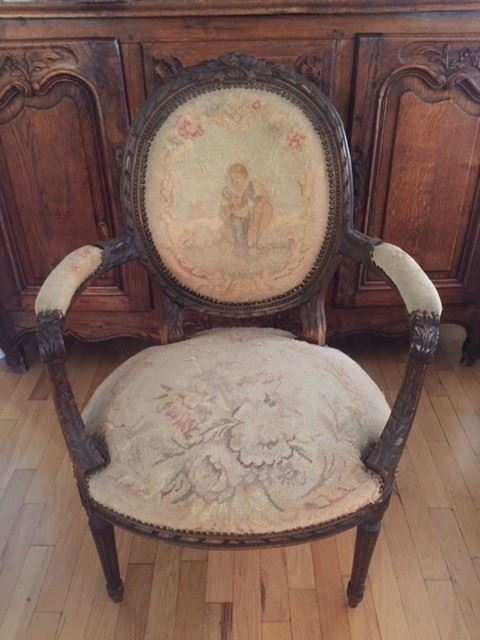 Chair, Louis XVI, Antique, Original tapestry needs TLC.  $400.00